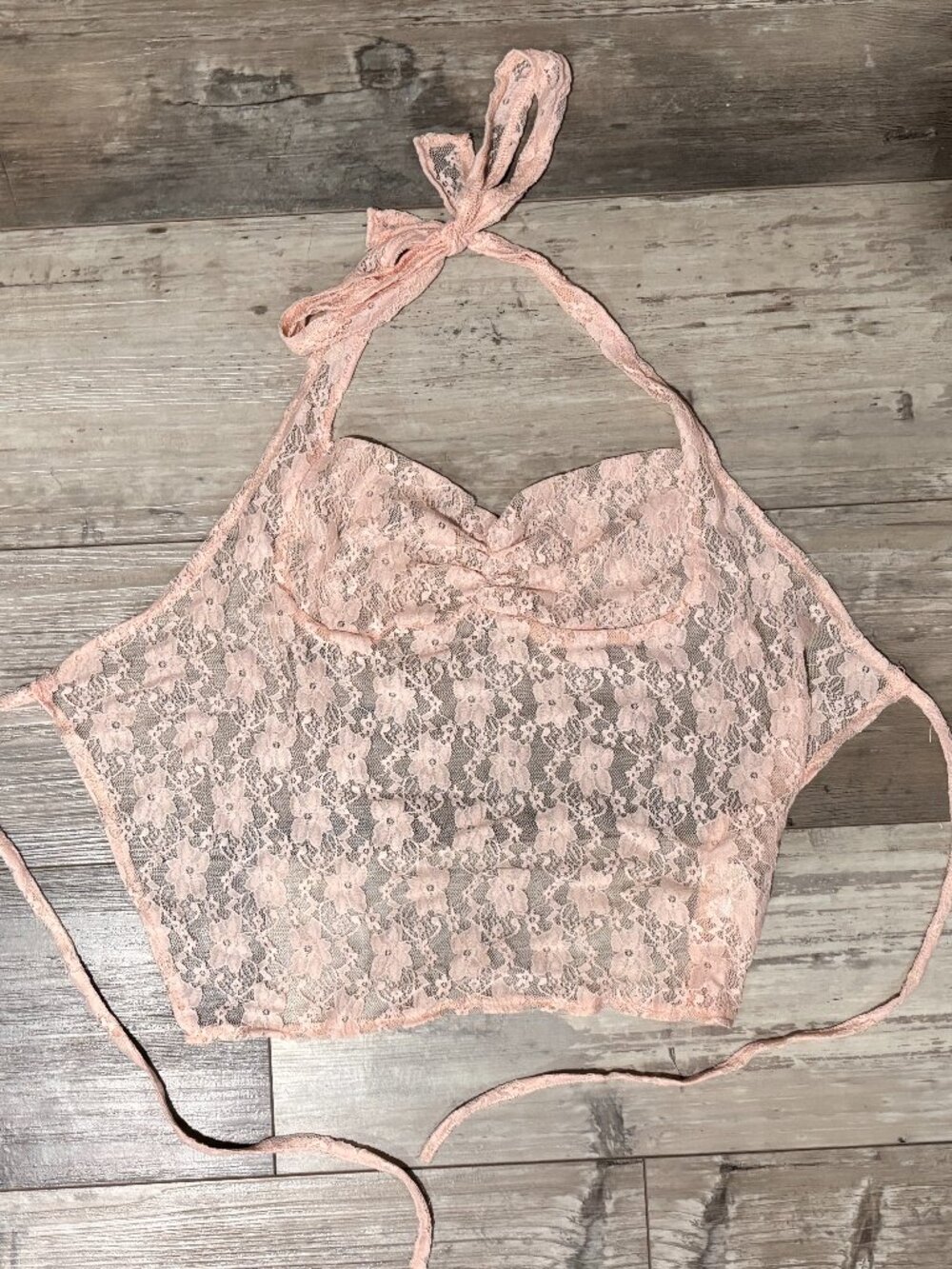 Blush Lace Halter Top Sheer Tie Back Crop Bralette Feminine